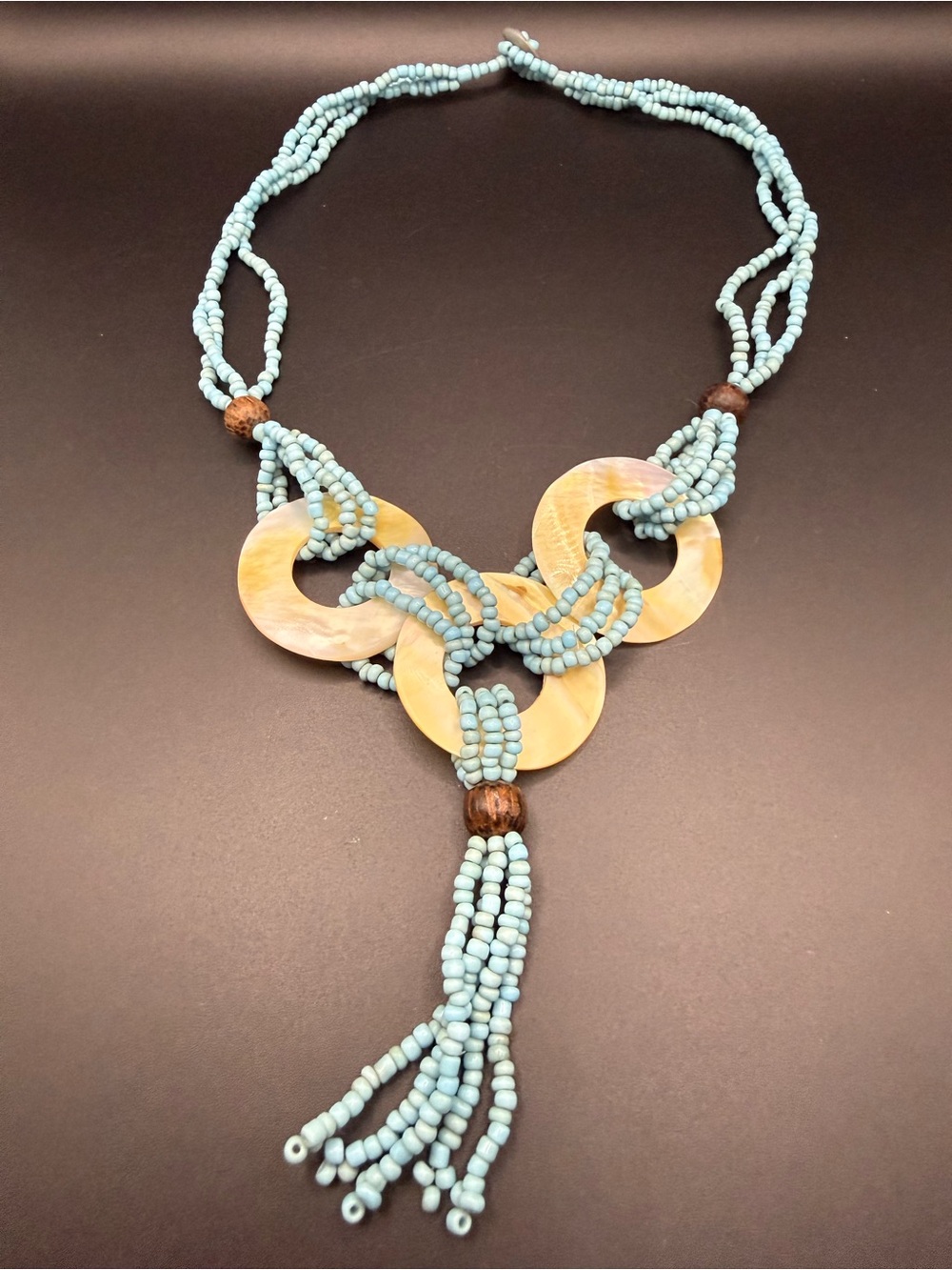 Layered Blue Seed Bead, Wooden Bead & Abalone Shell Disc Y-Drop Necklace Boho